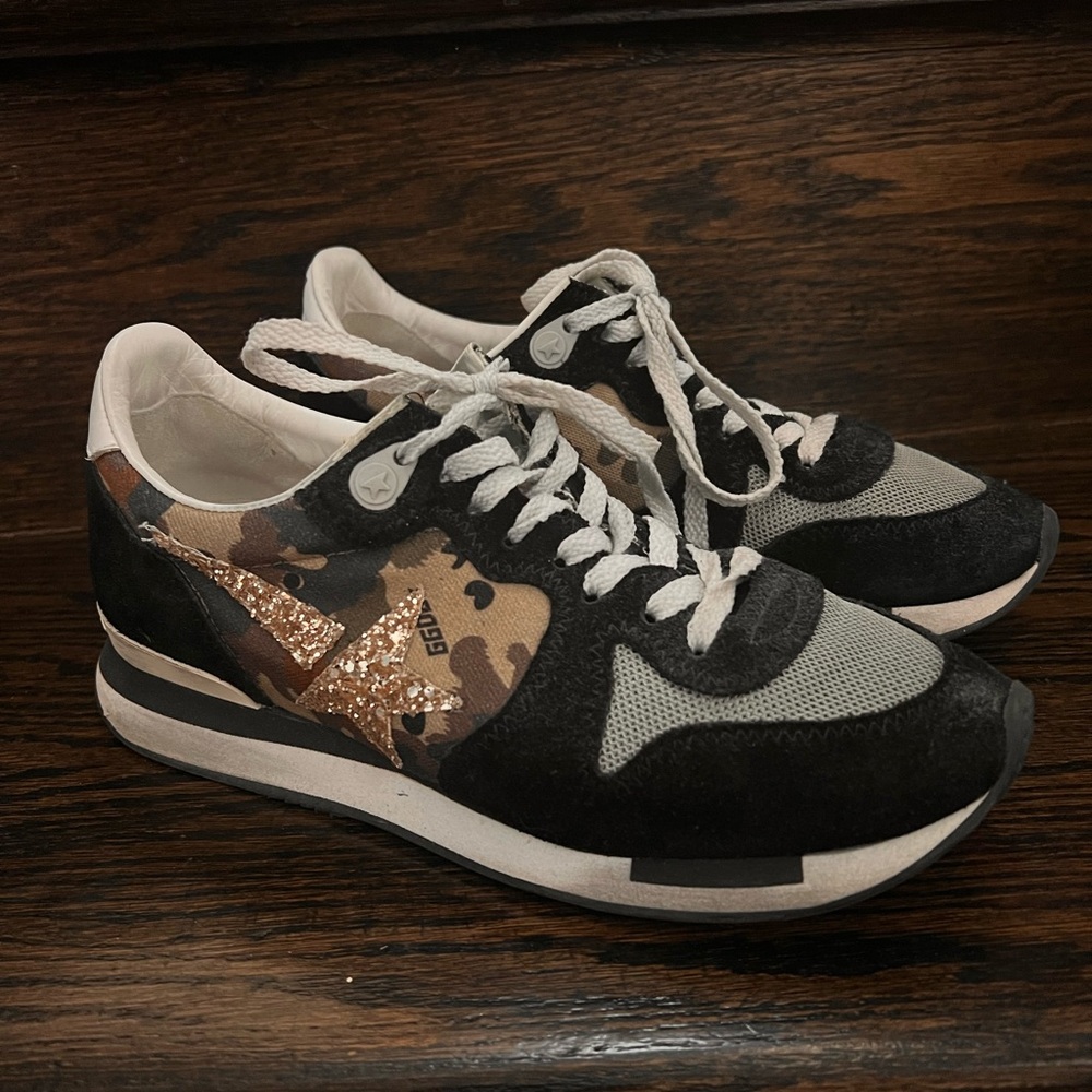 Women’s Golden Goose Black, Camo, Gold Runner Sneaker size 37